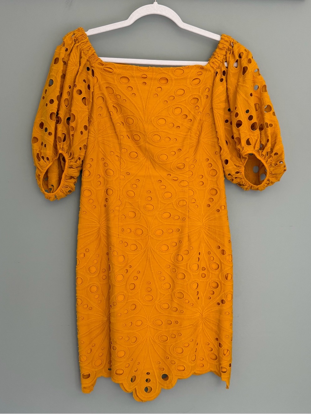 Trina Turk "Sweet" Off-Shoulder Golden Yellow Eyelet Puff Sleeve Mini Dress